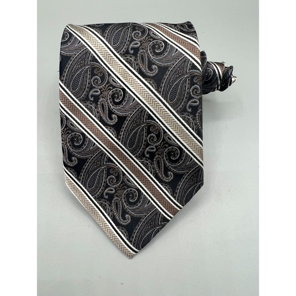 PRONTO UOMO 100% Silk Necktie Paisley Striped Black Brown Stripe L:60" W:3.75" - Picture 4 of 10